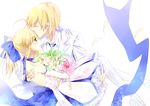  absurdres ahoge artoria_pendragon_(all) bare_shoulders blonde_hair blush bouquet dress elbow_gloves fate/stay_night fate/unlimited_codes fate_(series) flower forehead_kiss gilgamesh gloves green_eyes highres kiss long_hair ponytail saber saber_lily white_dress xiaoya 