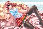  1girl bed blue_eyes blush brown_hair emperpep female final_fantasy final_fantasy_xiii long_hair looking_at_viewer lying on_back pillow serah_farron smile solo thighhighs 