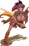  1girl armor breasts claws cleavage dark_skin fire large_breasts mamono_girl_lover monster_girl monster_girl_encyclopedia ponytail red_hair salamander_(mamono_girl_lover) scales smile yellow_eyes 