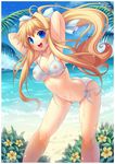  1girl air armpits arms_behind_head beach bent_over bikini blonde_hair blue_eyes blush bow breasts cleavage emperpep female flower hair_bow kamio_misuzu long_hair navel nipples open_mouth outdoors palm_tree ponytail see-through shiny shiny_skin side-tie_bikini smile solo swimsuit tree very_long_hair wet white_bikini white_swimsuit 