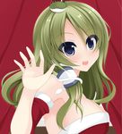  bare_shoulders blue_eyes blush breasts chimunge detached_sleeves frog_hair_ornament green_hair hair_ornament hair_tubes kochiya_sanae long_hair looking_at_viewer medium_breasts open_mouth smile snake_hair_ornament solo touhou upper_body 