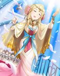  artist_request bangs bell blonde_hair blue_sky breasts cape chorister church clarice_(idolmaster) cleavage closed_eyes day feathers hair_ornament idolmaster idolmaster_cinderella_girls jewelry long_hair medium_breasts music official_art open_mouth singing sky solo_focus sunlight tree 