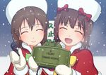 amami_haruka blush brown_hair capelet christmas_is_cancelled claymore_(mine) closed_eyes commentary_request controller explosive hagiwara_yukiho hair_ribbon hat idolmaster idolmaster_(classic) mine_(weapon) mittens multiple_girls open_mouth puton remote_control ribbon short_hair smile snow 