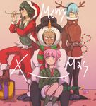  3boys animal_costume antlers blonde_hair blue_hair christmas christmas_lights costume gamagoori_ira glasses green_hair hair_bun hat hood inumuta_houka jakuzure_nonon kill_la_kill kukbob multiple_boys necktie party_whistle pink_hair reindeer_antlers reindeer_costume sanageyama_uzu santa_costume scarf sidelocks snowman_costume striped striped_scarf top_hat 