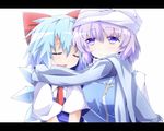  blue_dress blue_hair blue_scarf bow cirno closed_eyes dress hair_bow hat hiro_(pqtks113) ice ice_wings letterboxed letty_whiterock multiple_girls open_mouth purple_eyes purple_hair scarf shared_scarf shirt short_sleeves simple_background smile touhou upper_body white_background wings 