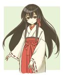  bell black_hair border expressionless gradient gradient_background hair_bell hair_between_eyes hair_ornament hair_ribbon hakama japanese_clothes long_hair looking_at_viewer miko original outside_border red_eyes red_hakama ribbon ribbon-trimmed_sleeves ribbon_trim senhappyaku sidelocks simple_background solo 