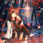  album_cover animal_ears bamboo bamboo_forest brooch brown_eyes brown_hair brown_legwear cover dress finger_to_mouth forest imaizumi_kagerou jewelry kirero long_sleeves nature smile solo tail thighhighs touhou white_dress wide_sleeves wolf_ears wolf_tail zettai_ryouiki 