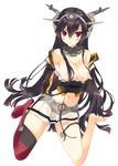  &gt;:( arikawa_satoru barefoot black_hair blush breasts covering covering_nipples covering_one_breast elbow_gloves fingerless_gloves frown garter_straps gloves hair_censor hairband kantai_collection large_breasts long_hair midriff miniskirt nagato_(kantai_collection) navel red_eyes red_legwear single_thighhigh skirt solo thighhighs v-shaped_eyebrows 