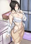  1girl black_beat black_hair blush bra breasts large_breasts milf pixiv_manga_sample smile underwear undressing 