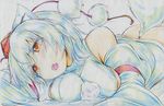  animal_ears bare_shoulders blush breasts colored_pencil_(medium) detached_sleeves hat highres inubashiri_momiji kitazinger large_breasts red_eyes short_hair solo tail tokin_hat touhou traditional_media white_hair wolf_ears wolf_tail 