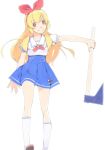  1girl aikatsu! aikatsu!_(series) akinbo_(hyouka_fuyou) axe blonde_hair blue_skirt bow floating_hair hair_bow hairband highres holding holding_axe hoshimiya_ichigo kneehighs long_hair looking_at_viewer miniskirt pleated_skirt red_bow red_eyes red_hairband shiny shiny_hair shirt short_sleeves simple_background skirt smile solo standing very_long_hair white_background white_legwear white_shirt 