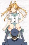  1girl abukuma_(kantai_collection) admiral_(kantai_collection) brown_hair double_bun faceless faceless_male from_above from_behind hair_bun hair_rings hat kantai_collection legs_folded long_hair lying on_back panties panty_pull school_uniform serafuku skirt skirt_lift sleep_molestation sleeping spread_legs takayaki translated underwear white_panties 