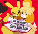  2018 animal_crossing anthro big_butt blonde_hair bottomless breasts butt canine clothed clothing dog duo female fur hair isabelle_(animal_crossing) looking_at_viewer mammal nintendo pikachu pikachu_libre pok&eacute;mon pok&eacute;mon_(species) shih_tzu shirt short_stack smile sssonic2 super_smash_bros super_smash_bros._ultimate teeth thick_thighs video_games wide_hips yellow_fur 