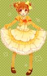  1girl bow brown_hair commentary_request dokidoki!_precure double_bun dress frills full_body green_background hair_bow hair_bun mary_janes pantyhose polka_dot polka_dot_background precure ribbon shoes short_hair short_twintails smile solo twintails uzuki_aki yellow_eyes yellow_pantyhose yotsuba_alice 