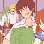  3girls blush classroom couple desk eye_contact green_hair grin higurashi_no_naku_koro_ni holding_hands houjou_satoshi looking_at_another lowres maebara_keiichi multiple_boys multiple_girls nuancho ponytail ryuuguu_rena school_uniform shirt short_sleeves shy siblings sisters skirt smile sonozaki_mion sonozaki_shion twins 