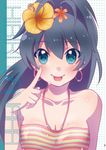  :p bad_id bad_pixiv_id black_hair blue_eyes earrings flower ganaha_hibiki hair_flower hair_ornament hibiscus hoop_earrings idolmaster idolmaster_(classic) jewelry long_hair looking_at_viewer nail_polish naju_soreiyu necklace polka_dot polka_dot_background ponytail smile solo tongue tongue_out 