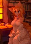  alternate_costume animal_ears bare_shoulders blonde_hair blue_eyes bookshelf breasts brooch cleavage crying dress envelope fang fox_ears fox_tail highres huge_breasts jewelry koha letter looking_at_viewer multiple_tails necklace ring short_hair smile solo tail tears touhou wedding_dress yakumo_ran 