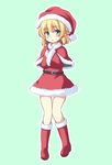  blonde_hair capelet green_eyes hat isaki_(gomi) light_smile mizuhashi_parsee pointy_ears red_capelet santa_costume santa_hat short_hair simple_background solo touhou 