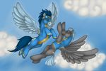  amber_eyes blue_fur blue_hair bottomless bugle clothing duo equine eyewear feral flying friendship_is_magic fur goggles green_eyes grey_fur grey_hair hair horse male mammal my_little_pony penis pony soarin_(mlp) thunderlane_(mlp) tight_clothing wiredhooves wonderbolts_(mlp) 