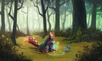  armor cloak crouching detailed_background druid feline forest magic magic_circle magic_user male mammal polearm seylyn solo staff tree tribal_spellcaster 