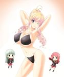  :d absurdres ann_(walkure_romanze) antenna_hair armpits arms_behind_head bangs bertille_althusser bikini blazer blonde_hair blue_eyes blunt_bangs blush breasts chibi cleavage contrapposto cowboy_shot drill_hair emma_(walkure_romanze) epaulettes gradient gradient_background green_hair groin hair_between_eyes hair_bun hand_to_own_mouth head_tilt highleg highleg_bikini highleg_swimsuit highres jacket kneehighs large_breasts leaning_forward long_hair long_sleeves looking_at_viewer multiple_girls navel no.gomesu one_eye_closed open_mouth outstretched_arm pleated_skirt polka_dot polka_dot_bikini polka_dot_swimsuit pose red_hair school_uniform short_hair sideboob sidelocks skirt smile standing string_bikini swimsuit thighhighs twin_drills twintails underboob walkure_romanze white_background 