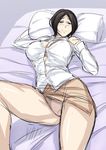  1girl bed black_beat black_hair blush breasts large_breasts lying milf panties pillow pixiv_manga_sample smile underwear 