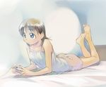  bare_shoulders barefoot blue_eyes brown_hair controller game_controller ikeda_jun_(mizutamari) lying on_stomach original playing_games solo 