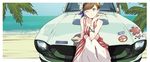  ;) bad_id bad_pixiv_id bangs beach blue_nails bracelet brown_hair car crop_top earrings elbow_on_knee flower_earrings green_eyes ground_vehicle hair_ornament hand_on_own_chin jewelry long_skirt motor_vehicle nail_polish one_eye_closed original palm_tree peace_symbol sitting skirt smile solo striped swept_bangs tree yoshito 