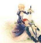  ahoge apple_bird artoria_pendragon_(all) avalon_(fate/stay_night) bad_id bad_pixiv_id blonde_hair couple emiya_shirou excalibur fate/stay_night fate_(series) green_eyes hetero petals planted_sword planted_weapon saber sheath sleeping sword weapon 