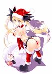  alice_(nichoume_rojiura_tantei_kitan) ass back bare_shoulders belt bent_over bikini blonde_hair boots breasts chibi christmas elbow_gloves full_body gloves hat highres kobayashi_tetsuya large_breasts looking_at_viewer multiple_girls nichoume_rojiura_tantei_kitan red_eyes red_gloves red_legwear santa_costume santa_hat simple_background smile swimsuit thighhighs thong_bikini twintails white_background 