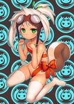  bare_shoulders blush bow dark_skin echo_(elsword) elsword flat_chest goggles green_eyes long_hair naked_ribbon ribbon sitting squirrel_tail tail thighhighs tsliuyixin wariza white_hair white_legwear 