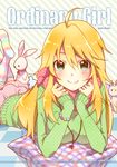  blonde_hair bracelet green_eyes hoshii_miki idolmaster idolmaster_(classic) jewelry long_hair naju_soreiyu necklace scarf smile solo stuffed_animal stuffed_toy 