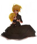  1girl black_dress blonde_hair blue_eyes brother_and_sister dress expressionless hug kagamine_len kagamine_rin looking_at_viewer lowres ponytail shirt short_hair siblings sitting toto_momoko twins vocaloid 