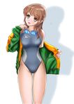  brown_eyes brown_hair competition_swimsuit goggles goggles_around_neck highres jacket long_hair mashinatsu one-piece_swimsuit original solo speedo_(company) swimsuit 