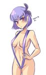  ayane_(doa) bad_id bad_tumblr_id blush breasts dead_or_alive drcockula headband highres medium_breasts navel purple_hair red_eyes short_hair slingshot_swimsuit solo swimsuit 