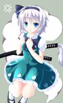  :o absurdres anger_vein bad_id bad_pixiv_id black_hairband blue_eyes bobby_socks bow bowtie dress grey_background hairband highres hitodama katana konpaku_youmu konpaku_youmu_(ghost) looking_at_viewer mary_janes shiokazunoko shoes short_hair short_sleeves silver_hair socks solo sword touhou vest weapon 