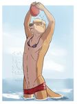  arms_above_head blonde_hair brown_fur brown_nose eclipsewolf eyes_closed eyewear fur goggles hair male mammal mustelid otter solo swimming_cap swimsuit topless water 