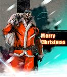  bag beard belt belt_pouch big_boss blue_eyes brown_hair christmas commentary_request eyepatch facial_hair gloves headband holding holding_bag ikuyoan long_sleeves male_focus manly merry_christmas metal_gear_(series) metal_gear_solid pouch sack santa_costume smoke solo standing 