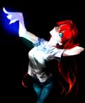  aozaki_aoko blue_eyes breasts denim ginko_(sekainoowari) hand_in_hair jeans long_hair medium_breasts melty_blood pants red_hair shirt solo t-shirt tsukihime 