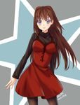  aozaki_aoko artist_name bad_id bad_pixiv_id blue_eyes blush breasts brown_hair dated hair_intakes highres long_hair mahou_tsukai_no_yoru medium_breasts meiki pantyhose red_skirt skirt smile sweater turtleneck 