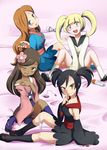  4girls black_hair blonde_hair blue_nails blush bow breasts brown_hair cleavage collarbone comic dark_skin detached_sleeves dress earrings flower furisode_girl_(pokemon) furisode_girl_asami furisode_girl_karen furisode_girl_kirika furisode_girl_shione hair_bow hair_flower hair_ornament happy japanese_clothes jewelry kimono knees legs long_hair multiple_girls nail_polish nintendo npc_trainer pokemon pokemon_(game) pokemon_xy sandals skirt smile socks spread_legs traditional_clothes twintails wafuku wink 