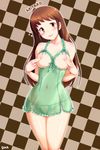  :p artist_name blush breastless_clothes breasts brown_eyes brown_hair character_name checkered checkered_background covering_nipples dha highres kami_nomi_zo_shiru_sekai lingerie long_hair medium_breasts navel panties see-through smile solo terada_miyako tongue tongue_out underwear underwear_only 