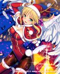  :d angel_wings antlers blonde_hair blush boots box breasts christmas cleavage feathers fur_trim gift gift_box green_eyes hat leotard long_hair lord_of_knights medium_breasts open_mouth original pantyhose red_leotard reindeer_antlers santa_costume santa_hat smile solo thigh_boots thighhighs wings yangsion 