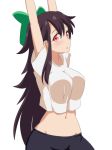  1girl arms_up black_hair bow breasts cato_(monocatienus) commentary_request crop_top exercise green_bow groin hair_bow hair_ribbon large_breasts long_hair looking_at_viewer looking_to_the_side midriff navel no_wings parted_lips red_eyes reiuji_utsuho ribbon shirt simple_background solo touhou white_background white_shirt 