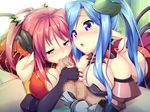  1boy 2girls blue_hair blush caressing_testicles censored churack_noelia churack_ririela erect! fellatio game_cg handjob horns multiple_girls oral penis pink_hair piromizu pointy_ears purple_eyes ririela_churack tail teamwork 