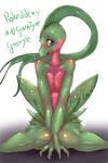  anthro blue_eyes blush breasts cheezayballs english_text female grovyle hair long_hair looking_at_viewer nintendo nude open_mouth plain_background pok&#233;mon pok&eacute;mon reptile scalie solo text video_games wide_hips 