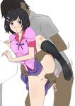  1girl black_hair blush bottomless erection hair_ornament hairclip hanekawa_tsubasa hetero ichihisa leg_lift long_legs monogatari_(series) motion_blur no_panties penis purple_eyes pussy school_uniform sex short_hair skirt skirt_lift socks standing testicles vaginal veins 