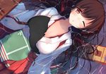  akagi_(kantai_collection) armor brown_hair commentary damaged japanese_clothes kantai_collection long_hair lying muneate netarou one_eye_closed open_mouth partially_submerged red_eyes solo torn_clothes water 