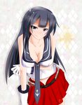  agano_(kantai_collection) bangs black_eyes black_hair breast_hold breasts cleavage gloves kantai_collection large_breasts leaning_forward long_hair naughty_face pleated_skirt skirt sleeveless smile solo toudou_kinji white_gloves 