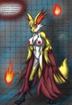  3_toes angry blush breasts brown_nose canine clothing delphox erect_nipples female fire fox fur hi_res looking_at_viewer mammal nintendo nipples orange_eyes pok&#233;mon pok&eacute;mon pussy red_nipples snowfyre solo standing stick text undressing video_games white_fur white_skin wood yellow_fur yellow_skin 